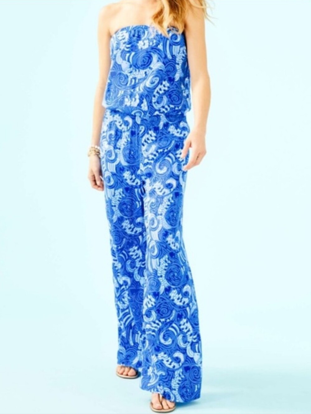 Lilly Pulitzer Blue Pattern Strapless Wide Leg Jumpsuit Resortwear Size XXS